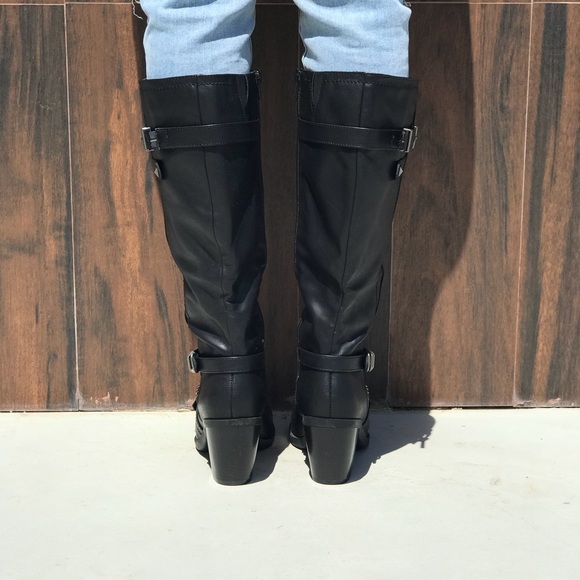 Black Knee High Tall Studded Block Heel Boots - Picture 4 of 5